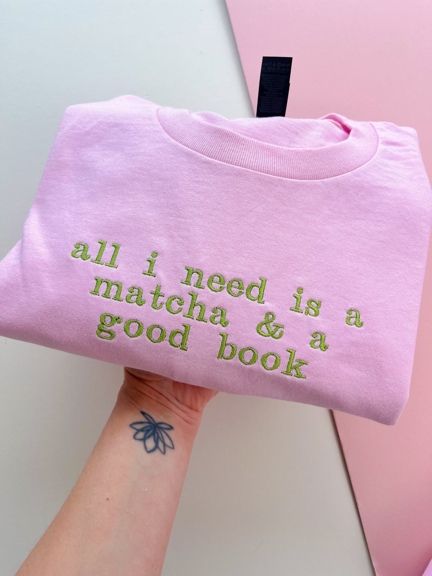 all I need is a matcha & a good book embroidered t-shirt