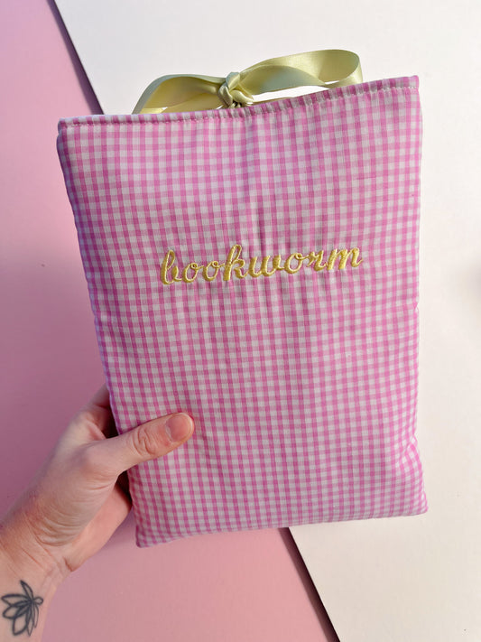 pink gingham bookworm - embroidered paperback sleeve