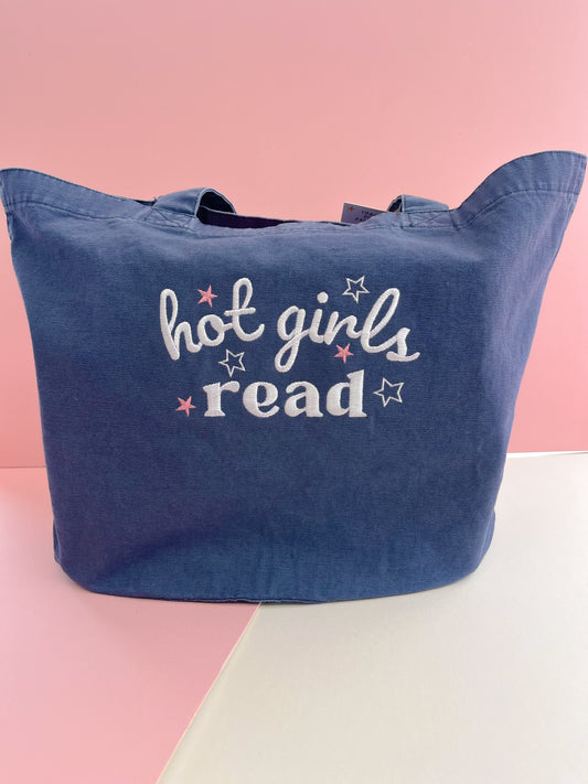 Hot girls read embroidered denim tote bag