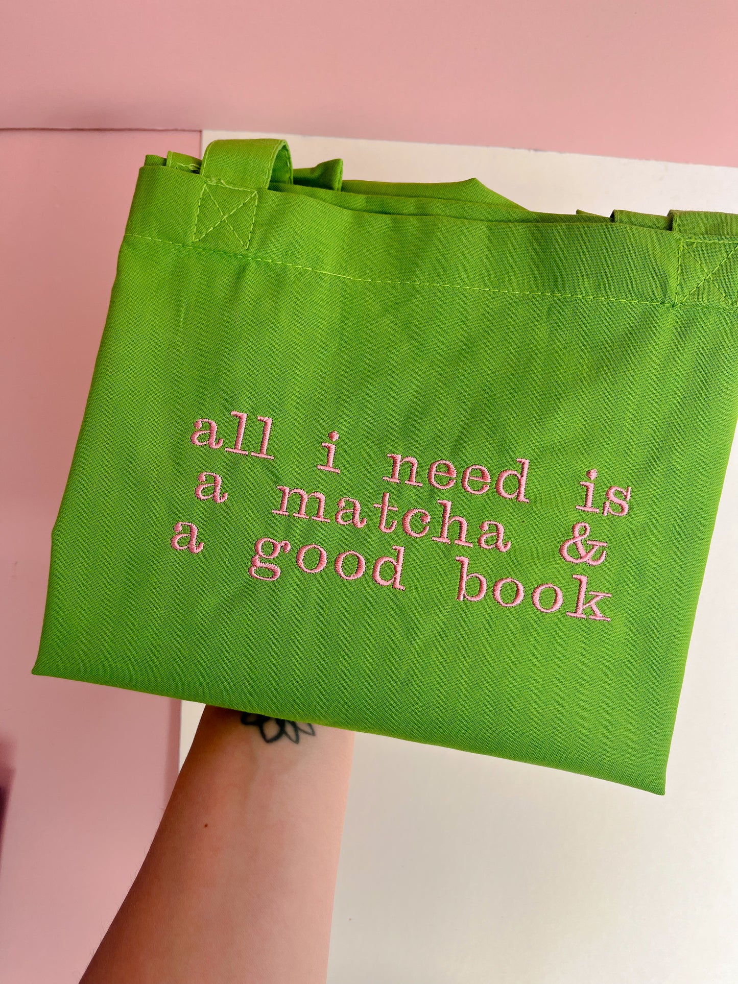 all I need is a matcha & a good book embroidered tote bag