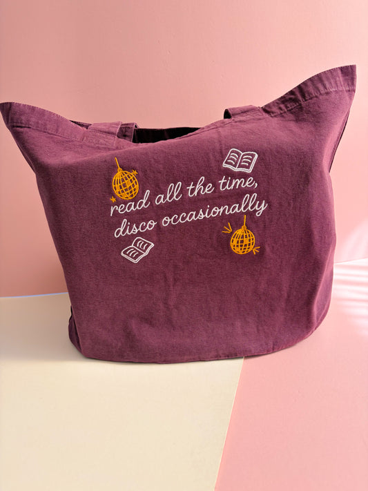 read all the time denim embroidered tote bag