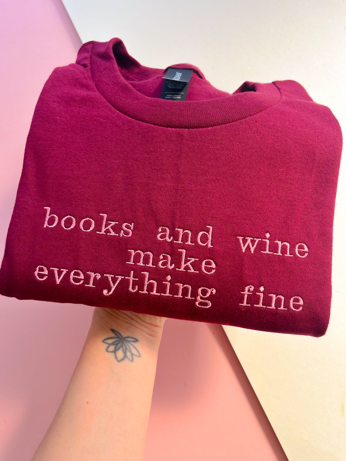 books & wine make everything fine embroidered t-shirt