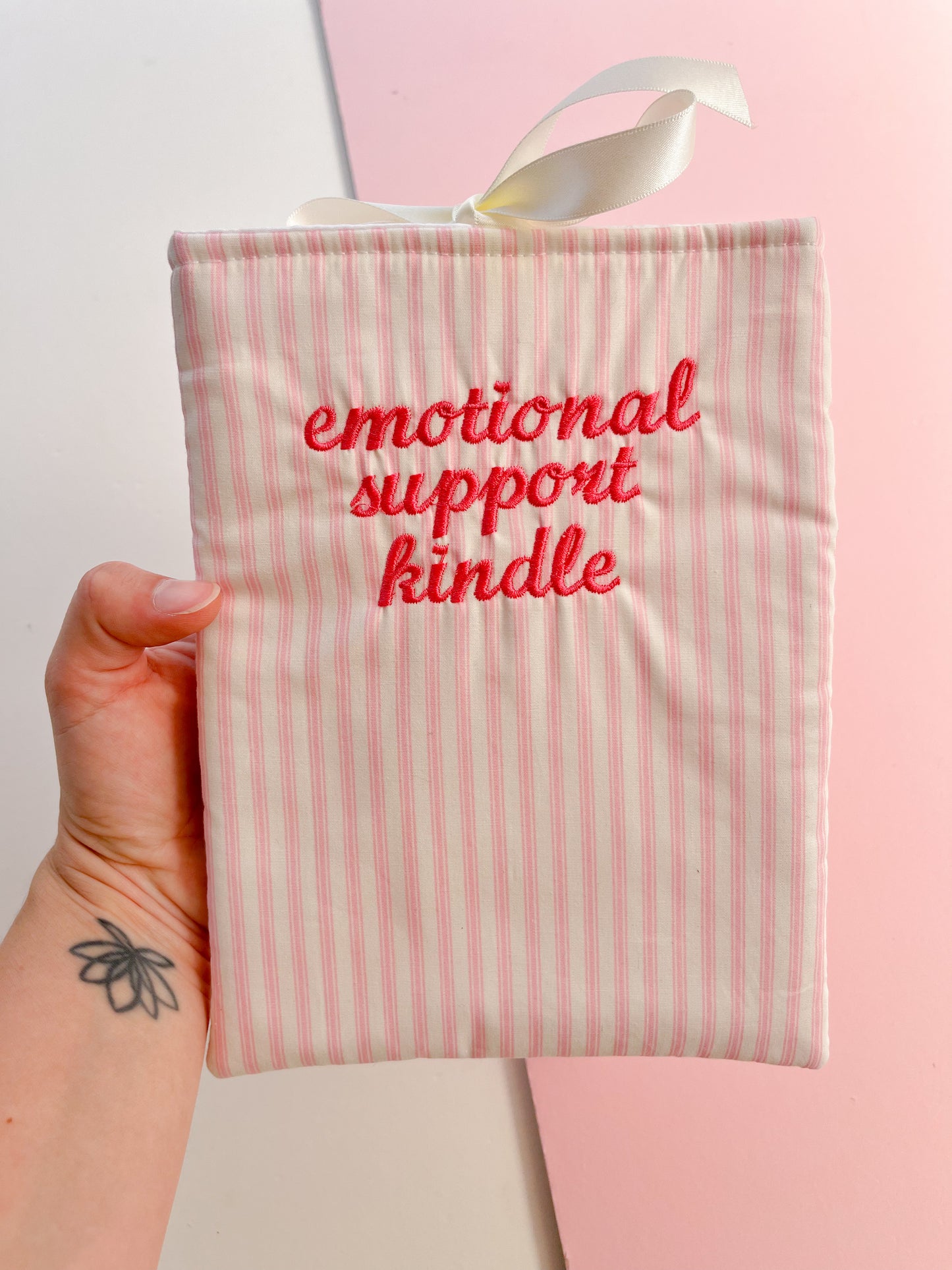 Pink emotional support kindle - embroidered e-reader sleeve