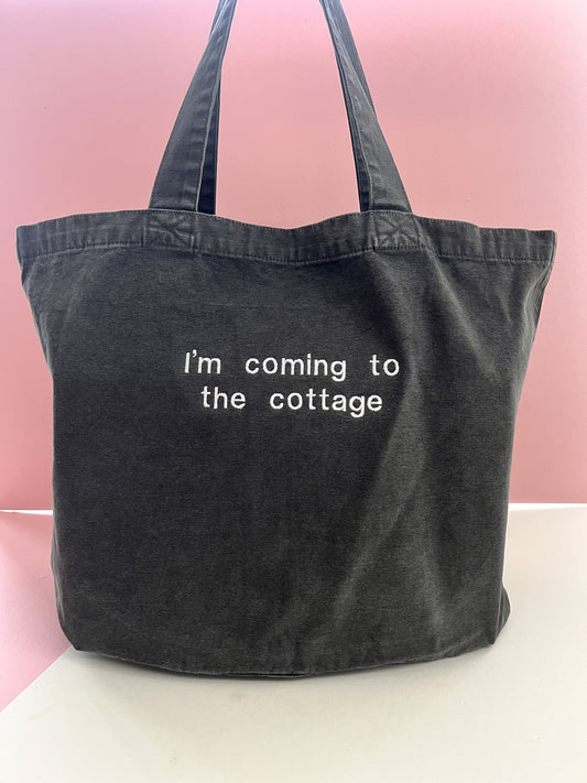 I’m coming to the cottage denim embroidered tote bag