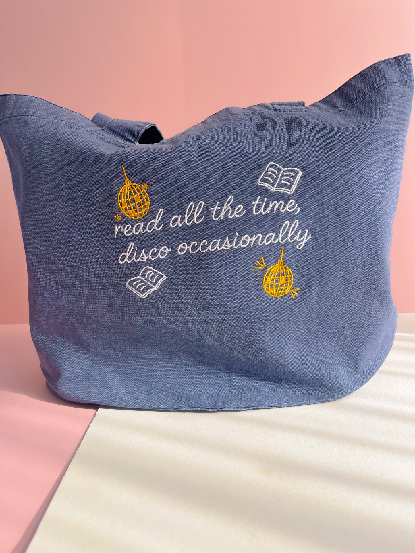 read all the time denim embroidered tote bag