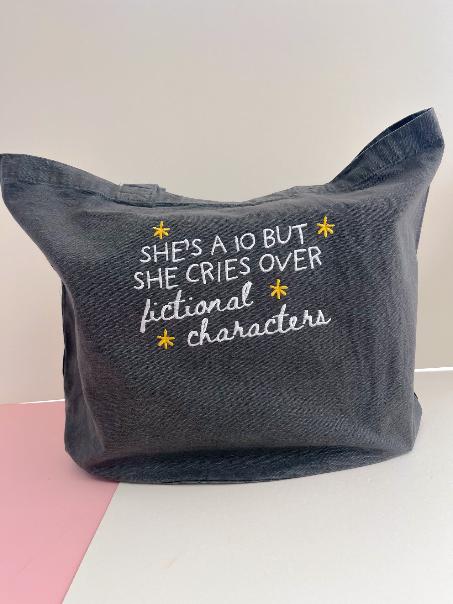 She’s a 10 but she cries over fictional characters embroidered denim tote bag