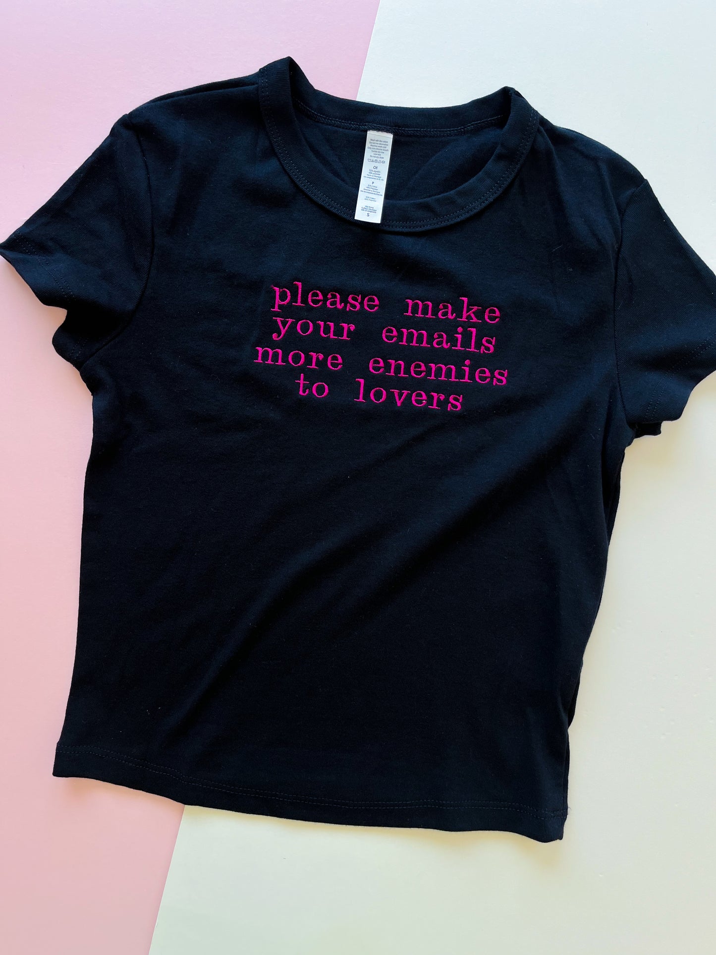 please make your emails more enemies to lovers - embroidered baby tee