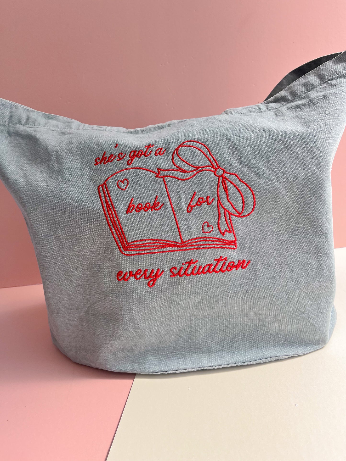 she’s got a book for every situation embroidered denim tote - DORD COLLAB