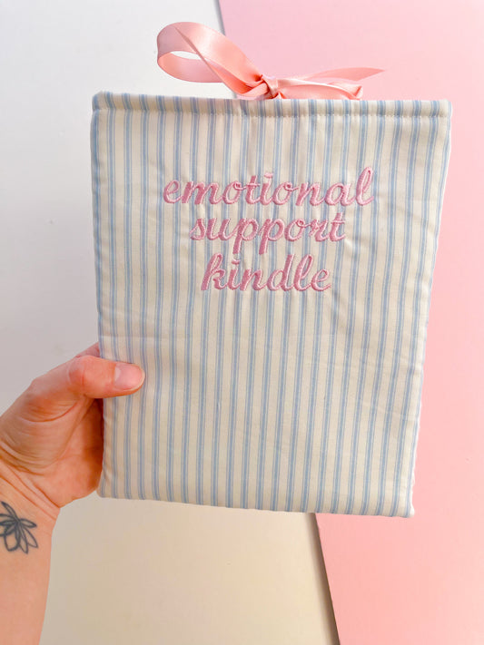 blue emotional support kindle - embroidered e-reader sleeve