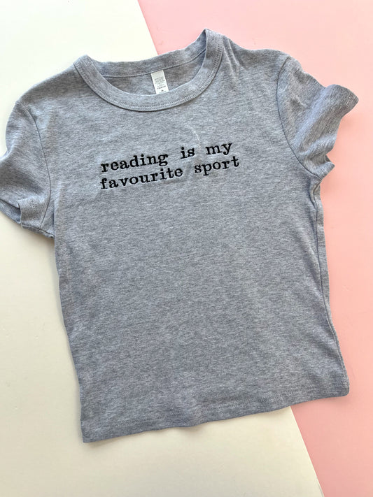 reading is my favourite sport embroidered baby t-shirt