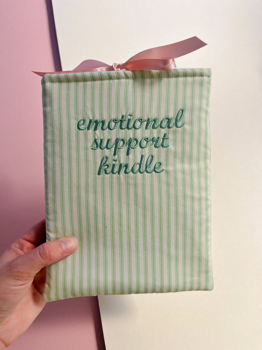 green emotional support kindle (pink ribbon) - embroidered e reader sleeve