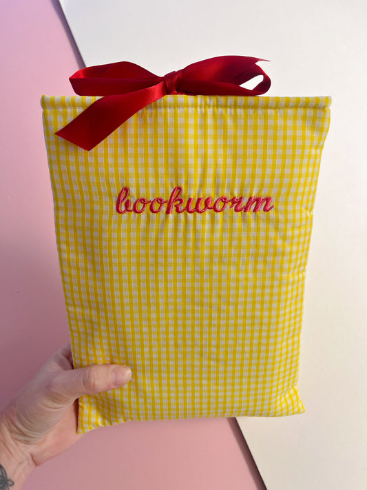 yellow gingham bookworm - embroidered paperback sleeve