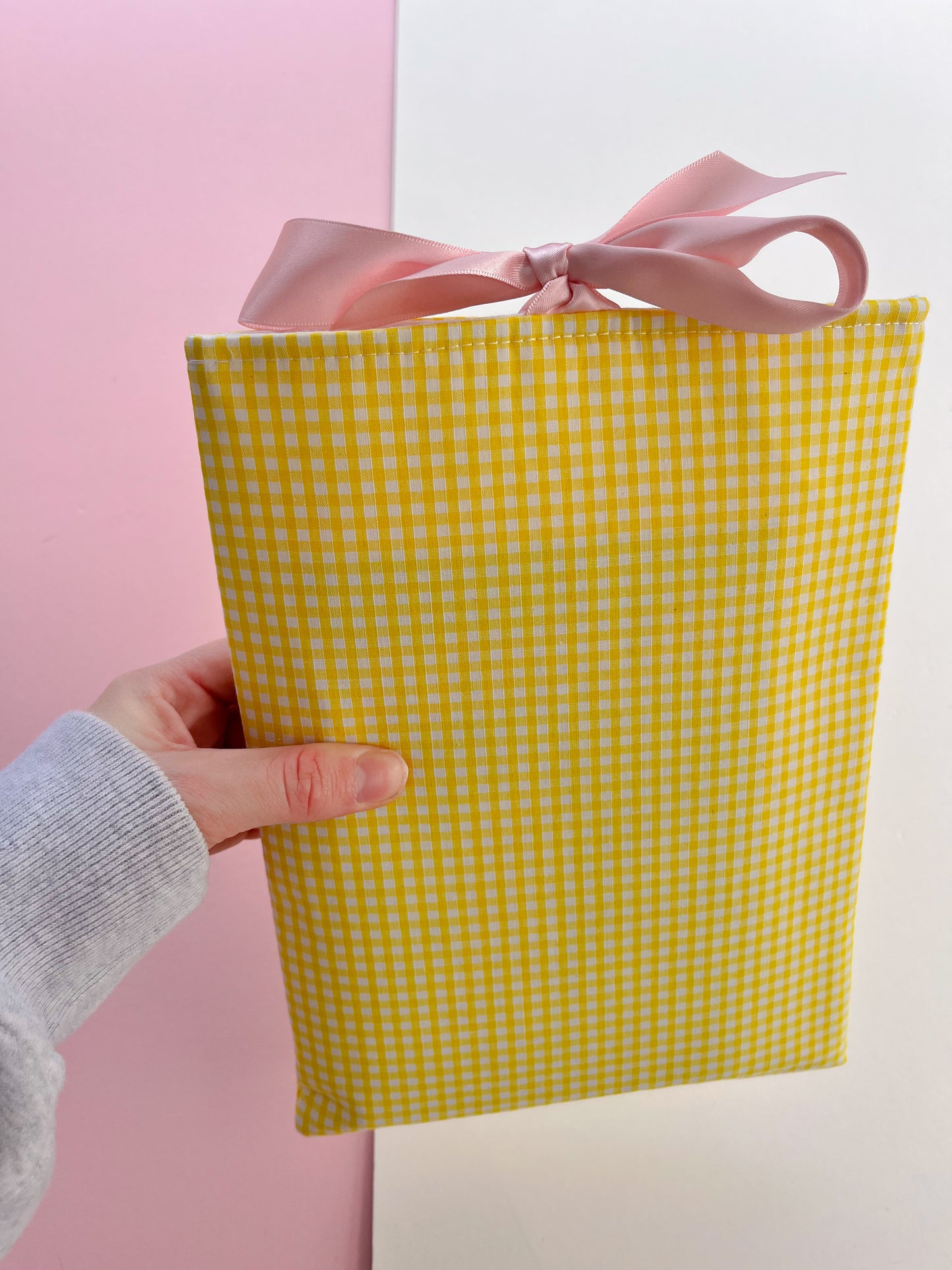 Yellow Gingham Book Sleeve - Pink Ribbon