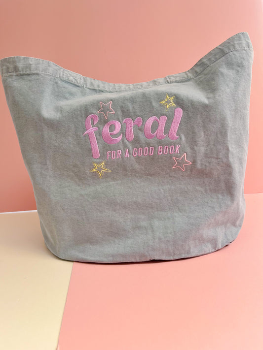 Feral For A Good Book Embroidered Denim Tote