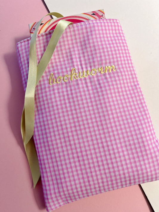 pink gingham bookworm - embroidered paperback sleeve