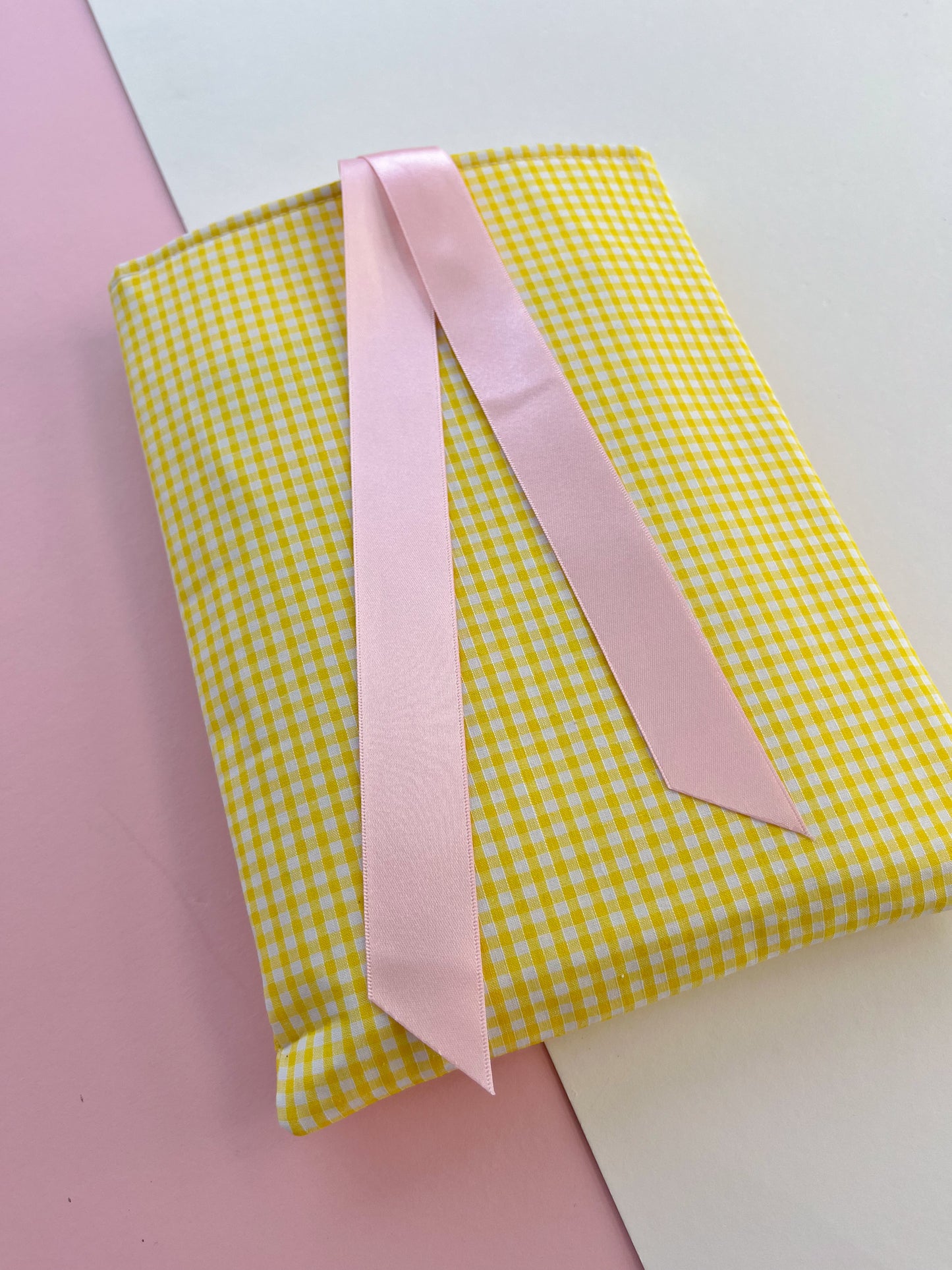 Yellow Gingham Book Sleeve - Pink Ribbon
