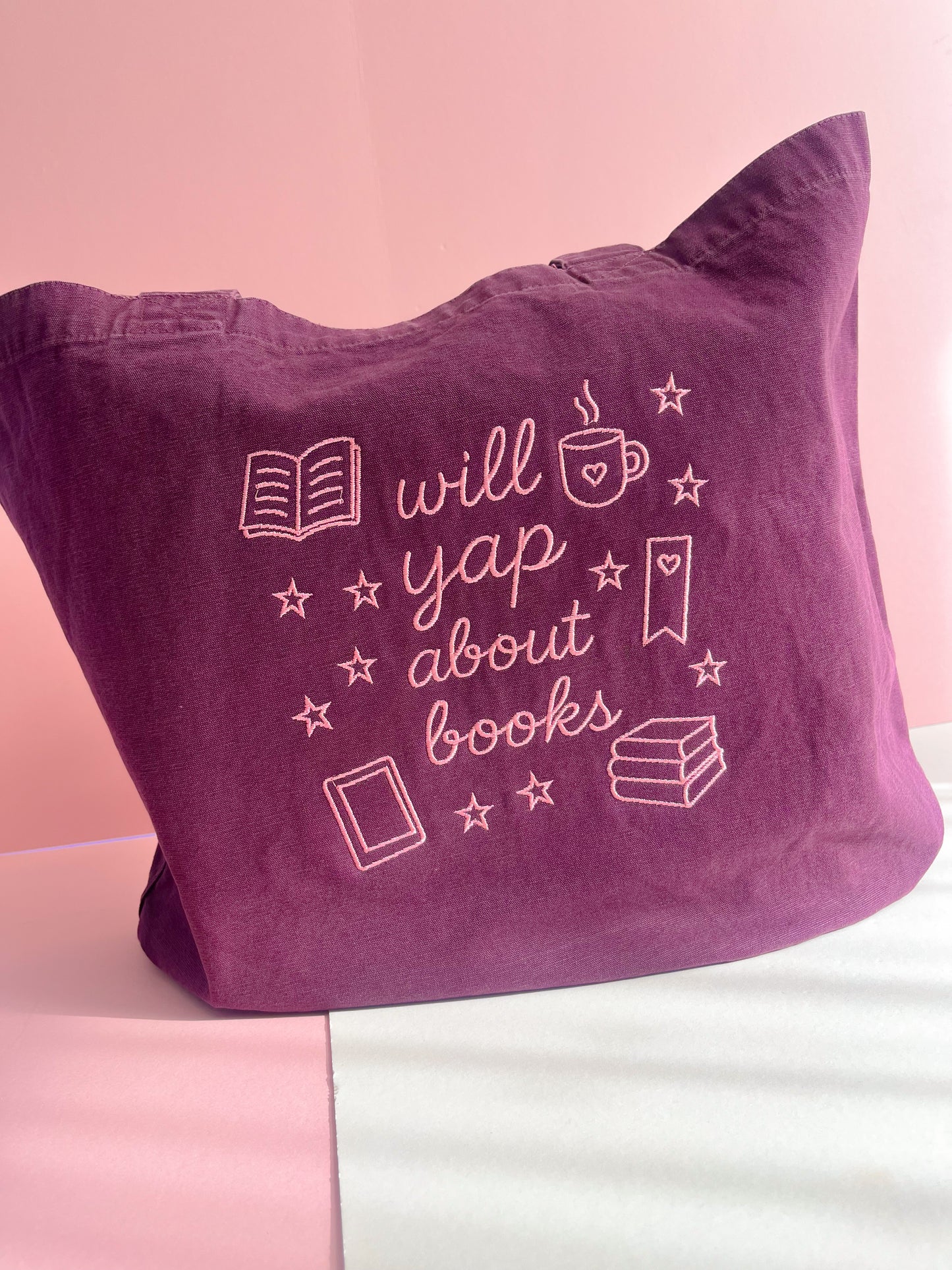 will yap about books denim embroidered tote bag