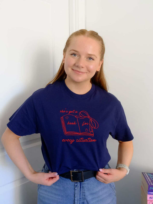 she’s got a book for every situation embroidered t-shirt - DORD COLLAB