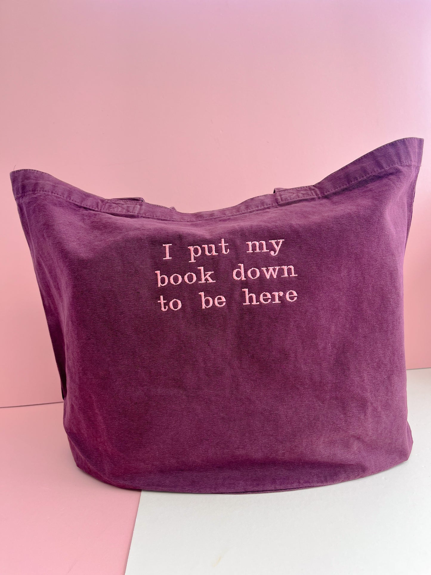 I put my book down to be here embroidered denim tote