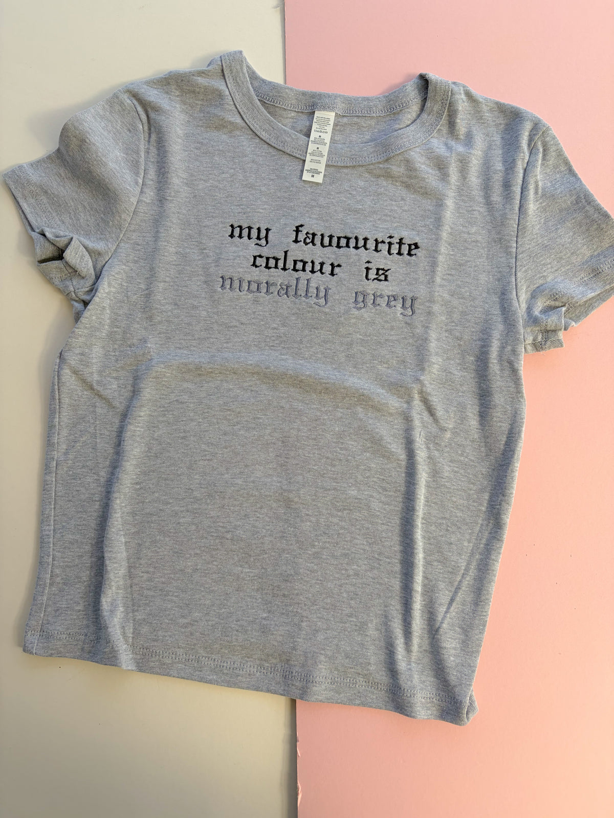 my favourite colour is morally grey embroidered baby tee