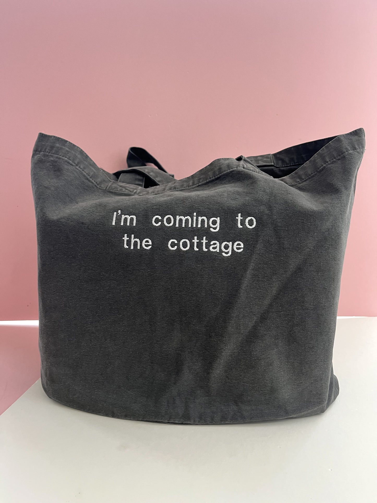 I’m coming to the cottage denim embroidered tote bag