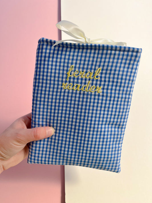 blue gingham feral reader - embroidered e reader sleeve