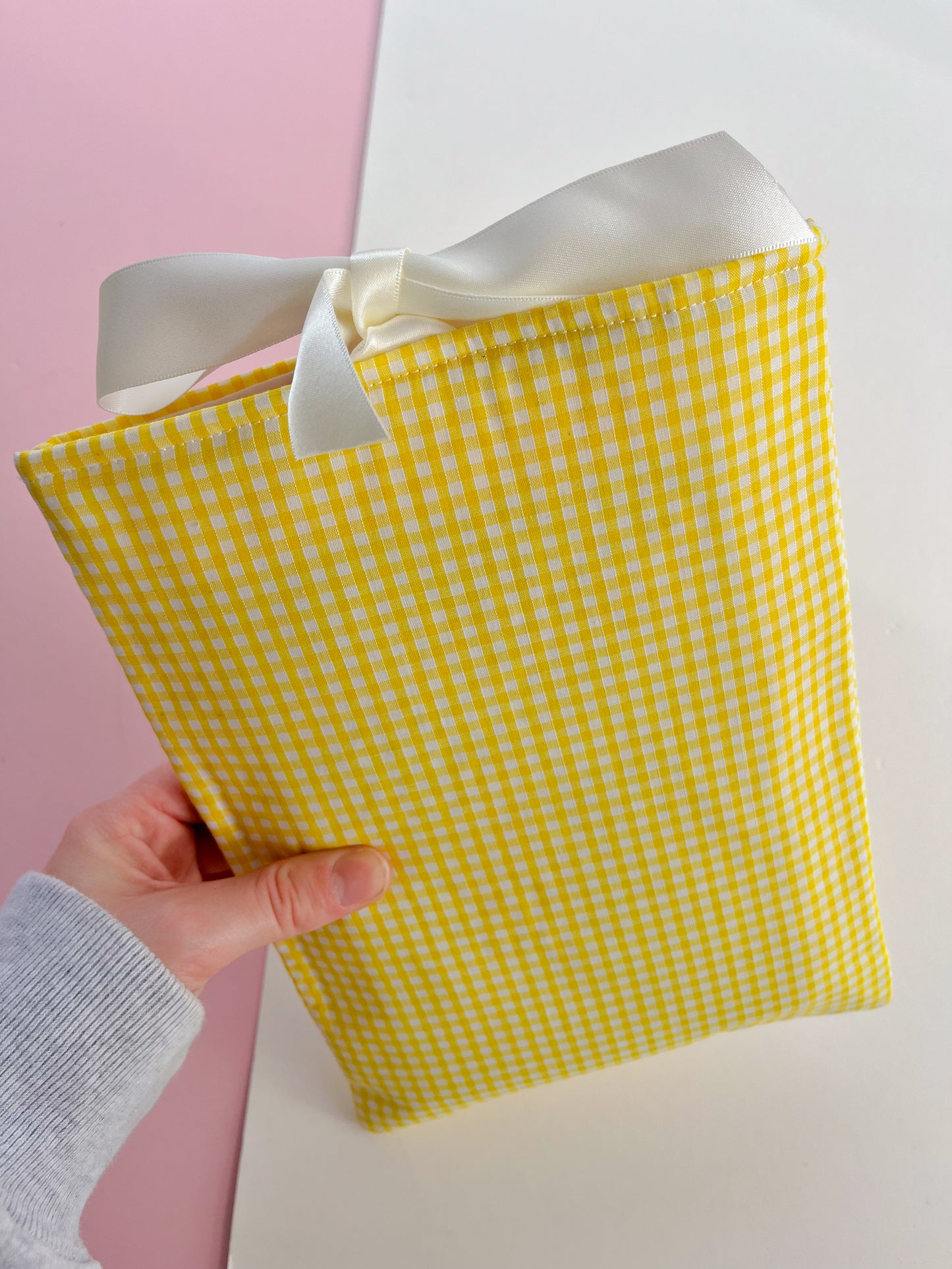Yellow Gingham Book Sleeve - Cream Ribbon