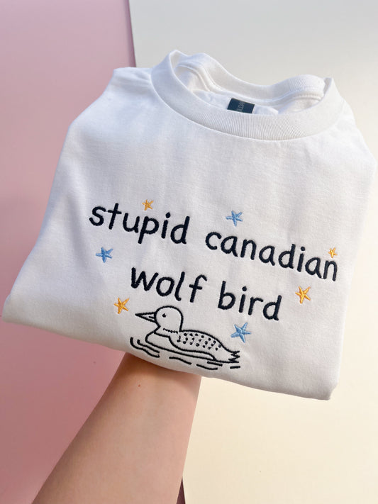 stupid canadian wolf bird embroidered t-shirt