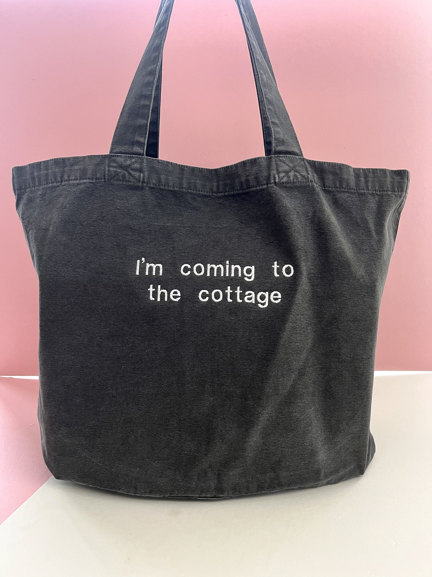 I’m coming to the cottage denim embroidered tote bag